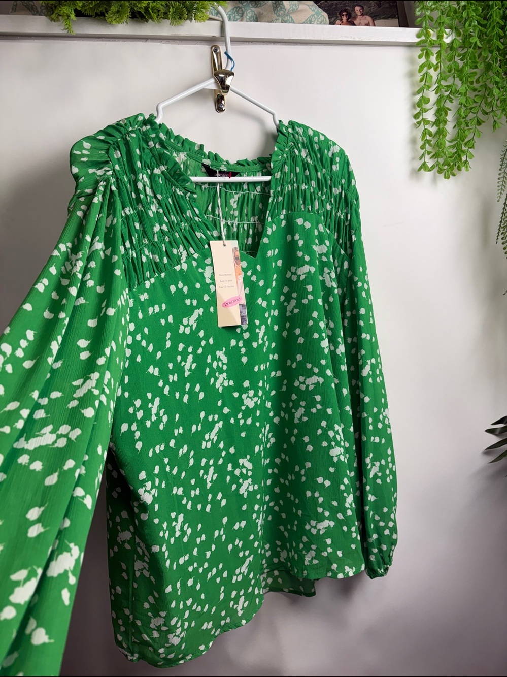 Green Relaxed Smocked Blouse with Mandarin Collar